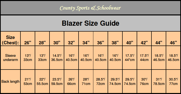 School Blazer Size Chart