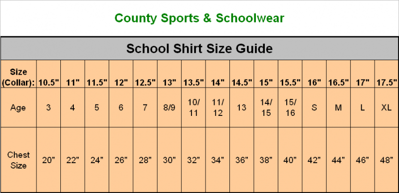 School Apparel Size Chart