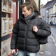 Down feel jacket, polyester insulation, water repellant, micro peach outer